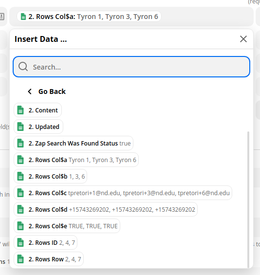 Google Sheets data being accessed in a Zap action in Zapier